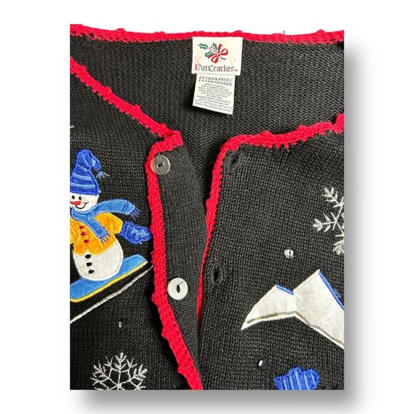 Vintage Nutcracker Christmas Cardigan Black Sweater Snowman Trees Embroidered XL - Picture 7 of 10